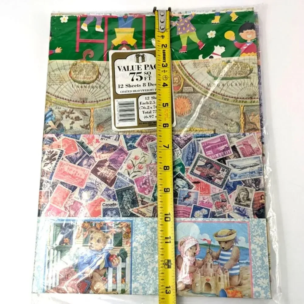 Vtg Holiday Wrapping Paper 12 Sheets 75 Sq Ft Automobiles Stamps Kids Music Map